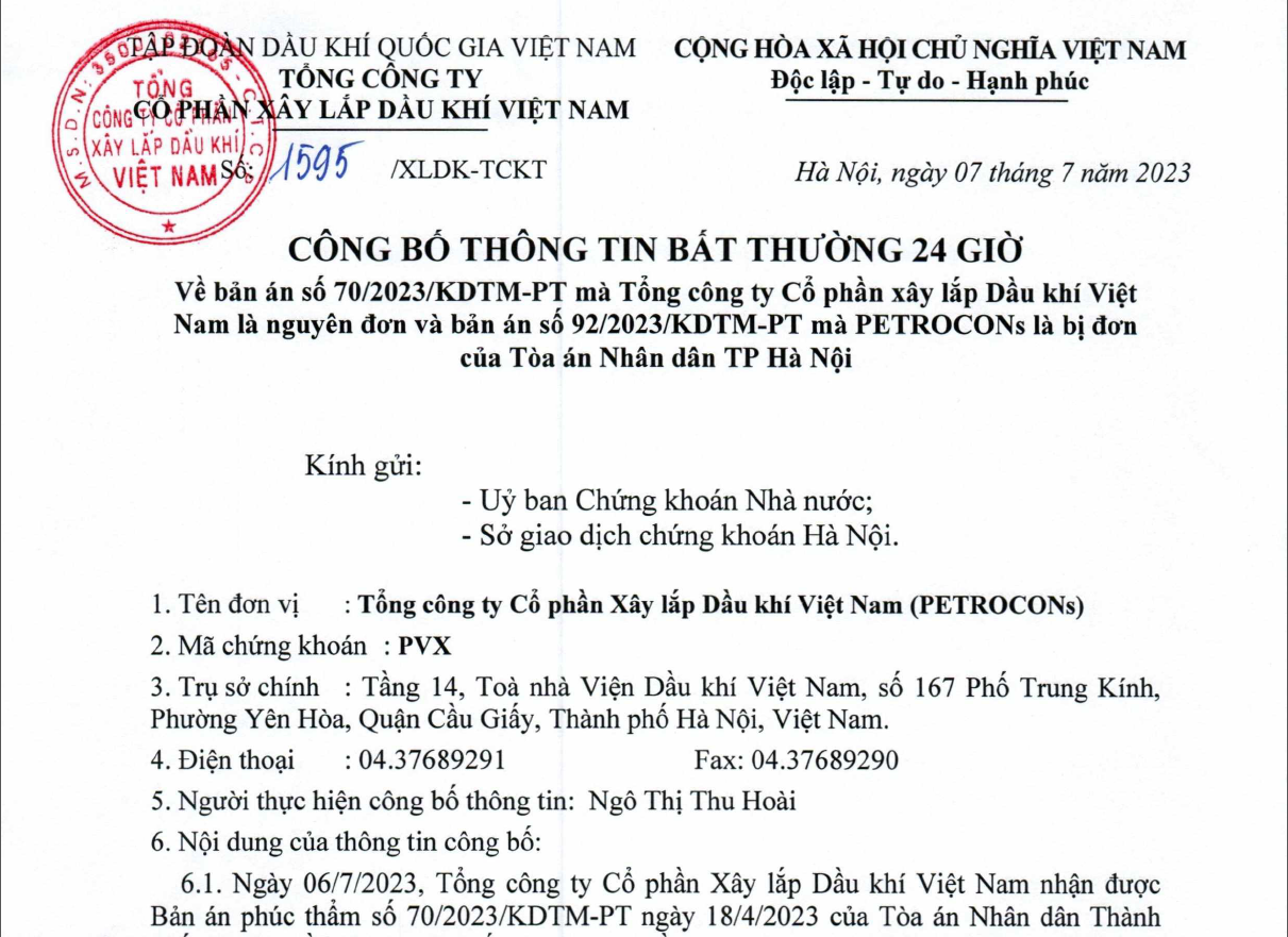 PVX CBTT bất thường 24 giờ Về Bản án số 70/2023/KDTM-PT mà Tổng công ty Cổ phần Xây lắp Dầu khí Việt Nam là nguyên đơn và bản án số 92/2023/KDTM-PT mà PETROCONs là bị đơn của Tòa án Nhân dân TP Hà Nội